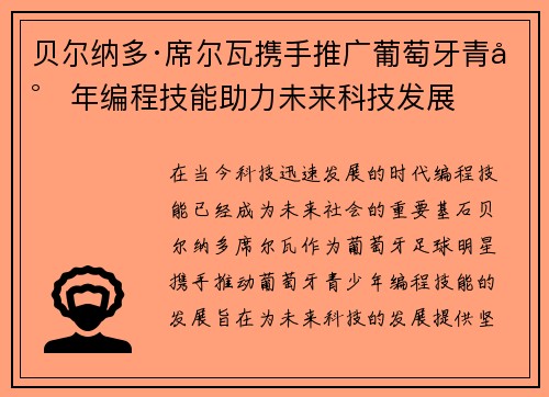 贝尔纳多·席尔瓦携手推广葡萄牙青少年编程技能助力未来科技发展